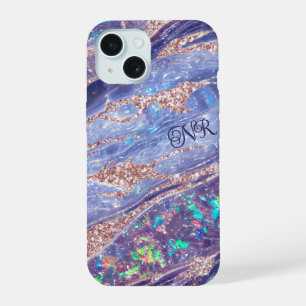 Rose Gold Glitter Purple Opal Gem Marble Monogram iPhone 15 Case