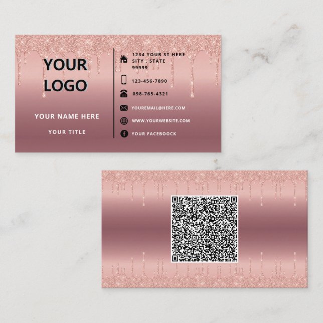 Rose Gold Glitter QR Code Business Card Template (Front/Back)
