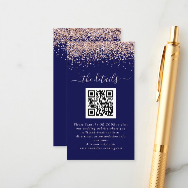 Rose Gold Glitter QR Code Navy Wedding Details Enclosure Card (Front/Back In Situ)