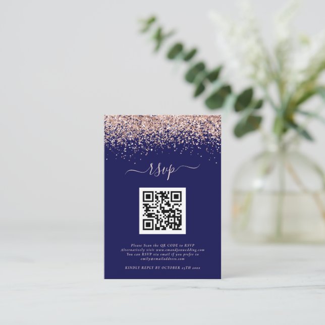 Rose Gold Glitter QR Code Wedding Navy Blush RSVP Enclosure Card (Standing Front)