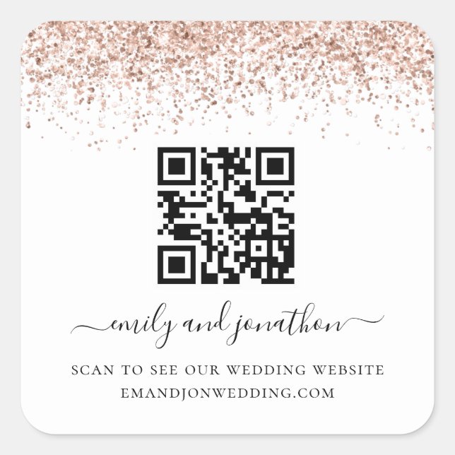 Rose Gold Glitter QR Code Wedding Website Square Sticker (Front)
