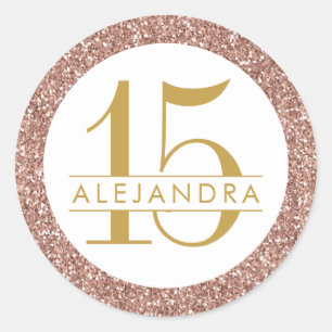 Rose Gold Glitter Quince Años Favour Sticker Labe