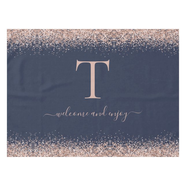 Rose Gold Glitter Quote Monogram Initial Navy Blue Tablecloth (Front (Horizontal))