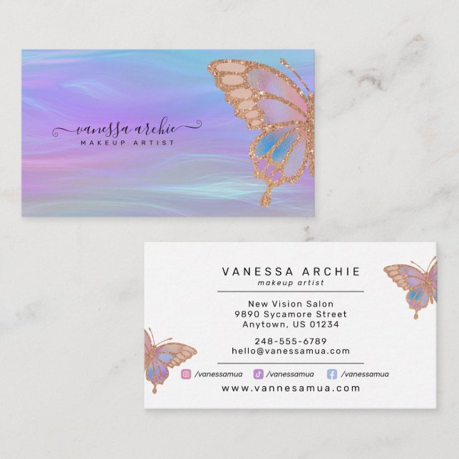 Rose Gold Glitter Rainbow Butterfly Iridescent Business Card (Front/Back)