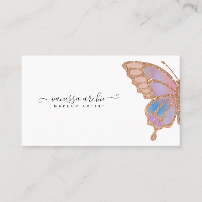 Rose Gold Glitter Rainbow Butterfly Logo Business Card (Front)