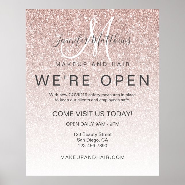 Rose Gold Glitter Reopening Makeup Hair Salon Poster (Front)