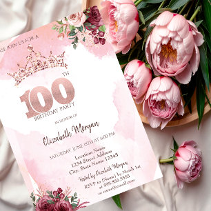  Rose Gold Glitter Roses Crown 100th Birthday  Invitation
