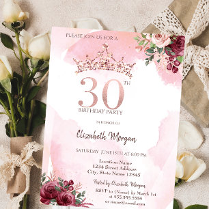  Rose Gold Glitter Roses Crown 30th Birthday  Invitation