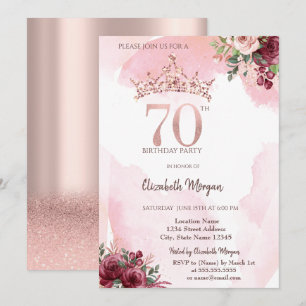 Rose Gold Glitter Roses Crown 70th Birthday Party Invitation