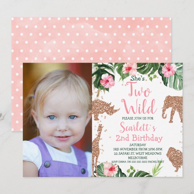 Rose Gold Glitter Safari Photo Two Wild Birthday Invitation (Front/Back)