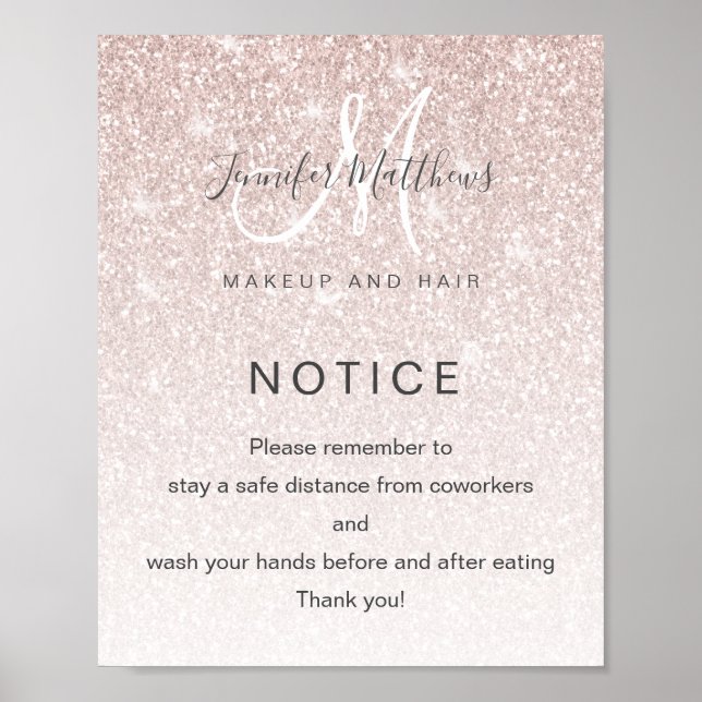 Rose Gold Glitter Salon COVID Safety Break Room Poster (Front)