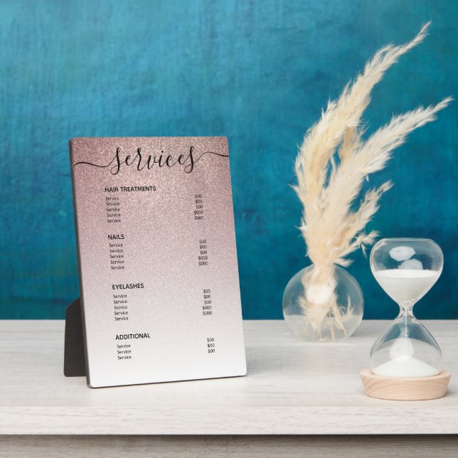 Rose Gold Glitter Salon Price List Service Menu Plaque (Side)