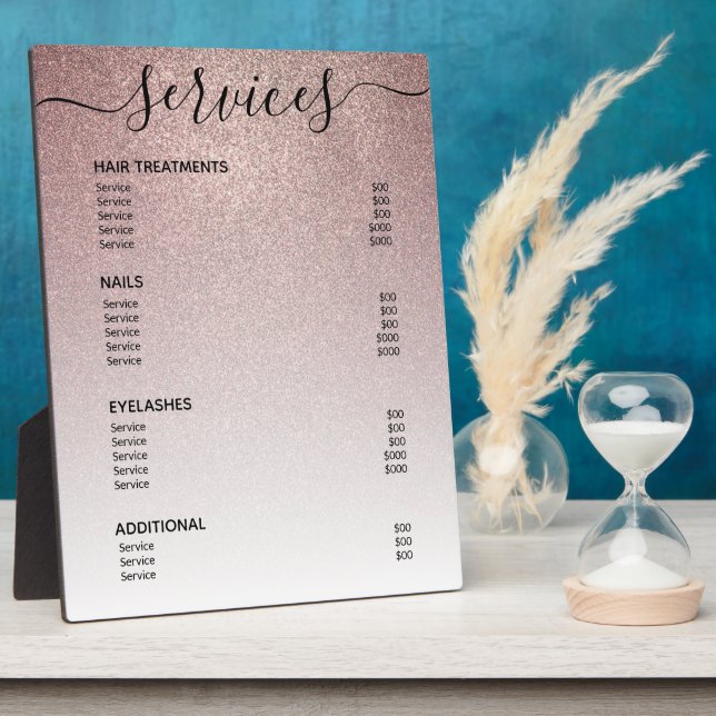 Rose Gold Glitter Salon Price List Service Menu Plaque (Side)