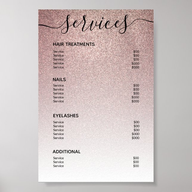 Rose Gold Glitter Salon Price List Service Menu Poster (Front)