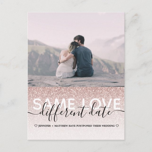 Rose Gold Glitter Same Love Different Date Wedding Announcement Postcard (Front)