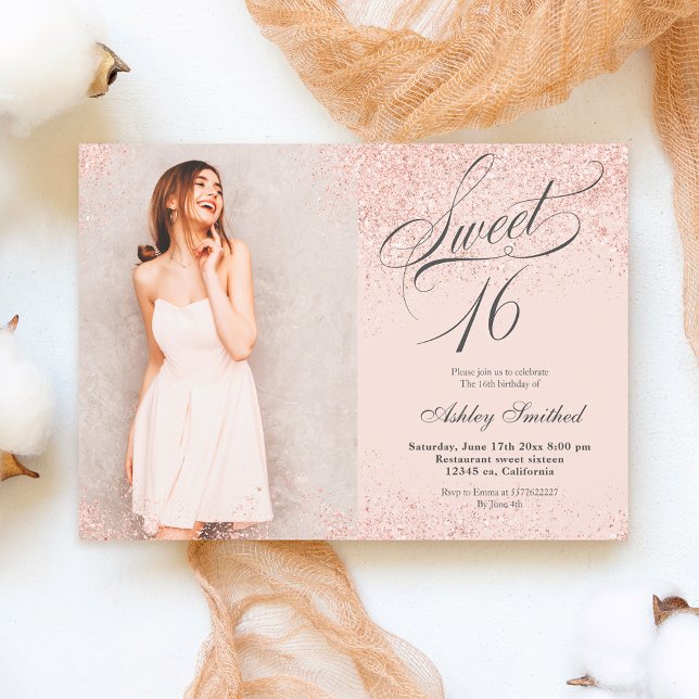 rose gold glitter script blush pink photo Sweet 16 Invitation (Creator Uploaded)