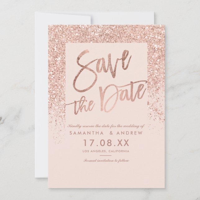 Rose gold glitter script blush pink save the date (Front)