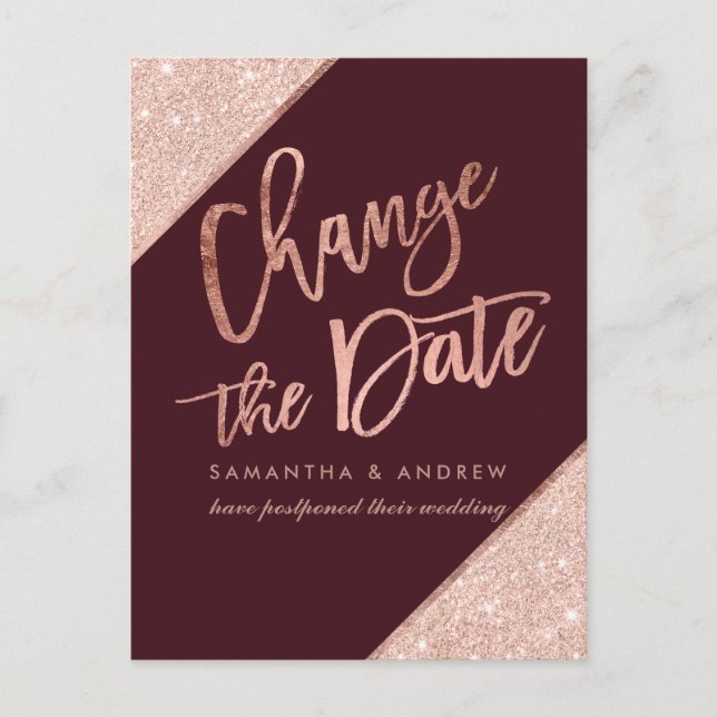 Rose gold glitter script burgundy change the date announcement postcard (Front)