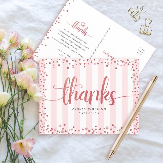 Rose gold glitter script chic graduation thank you postcard (Creator Uploaded)