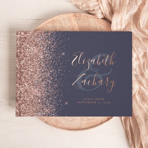 Rose Gold Glitter Script Dark Blue Guest Book