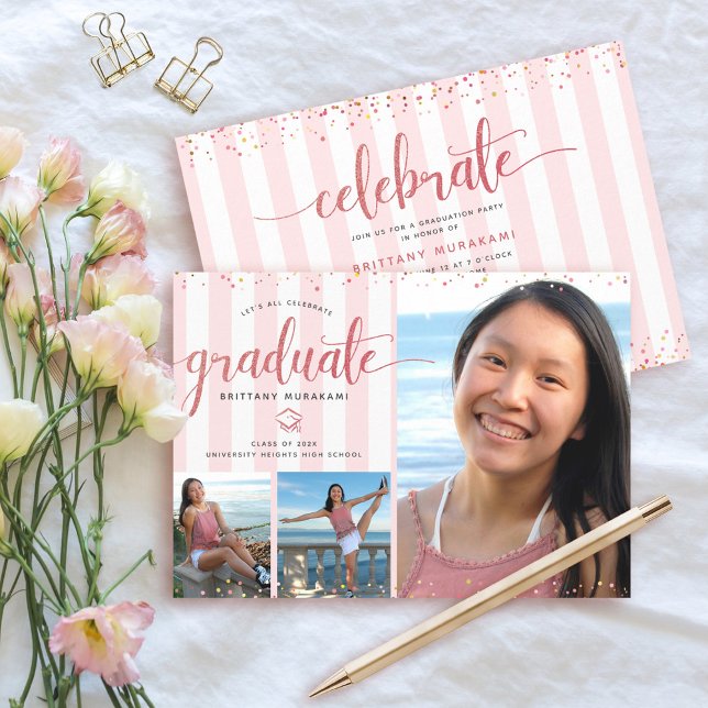Rose gold glitter script graduation photo collage invitation (Creator Uploaded)