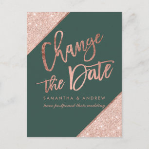 Rose gold glitter script green change the date announcement postcard