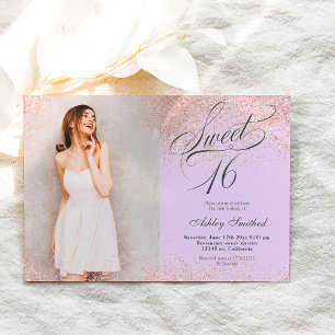 rose gold glitter script lavender photo Sweet 16 Invitation