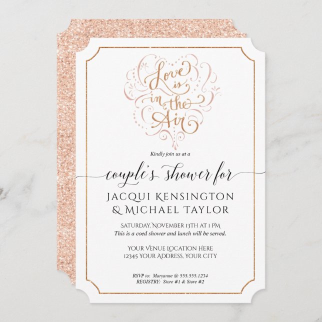 Rose Gold Glitter Script Love in Air Couple Shower Invitation (Front/Back)