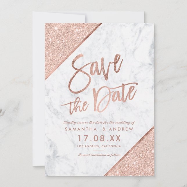 Rose gold glitter script marble save the date (Front)