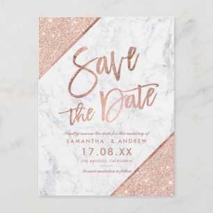 Rose gold glitter script marble save the date announcement postcard