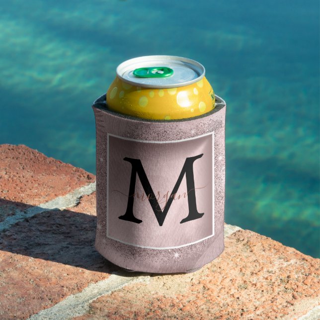 Rose Gold Glitter Script Monogram Can Cooler (In Situ Pool)