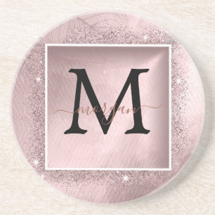 Rose Gold Glitter Script Monogram Coaster