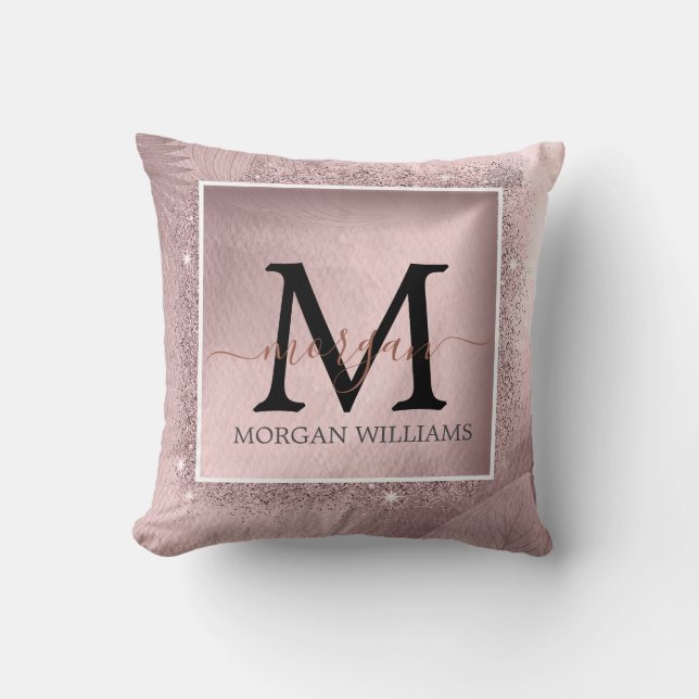 Rose Gold Glitter Script Monogram  Cushion (Front)