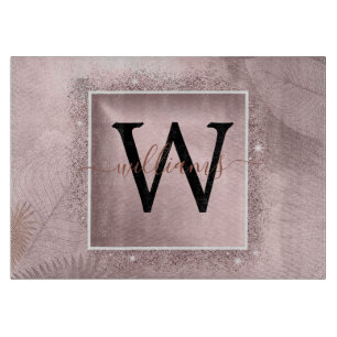 Rose Gold Glitter Script Monogram Cutting Board