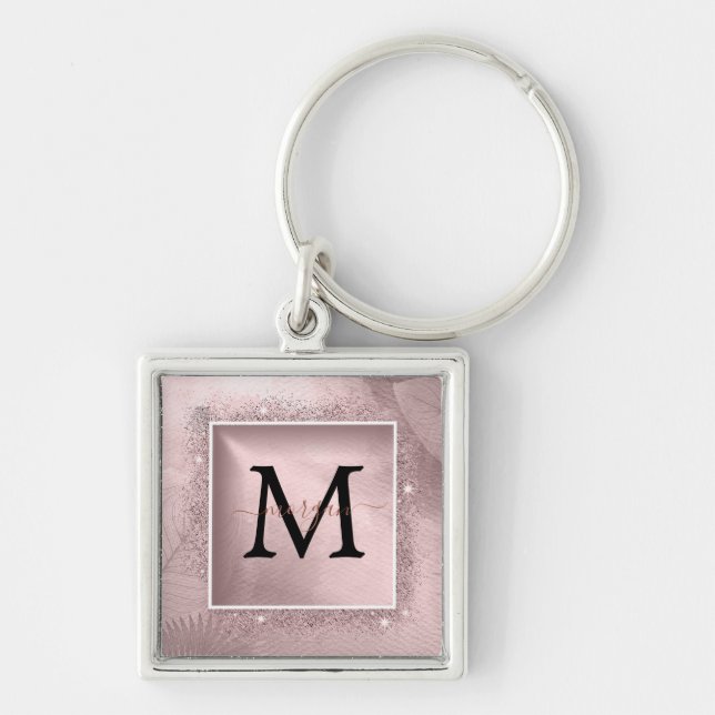 Rose Gold Glitter Script Monogram Key Ring (Front)