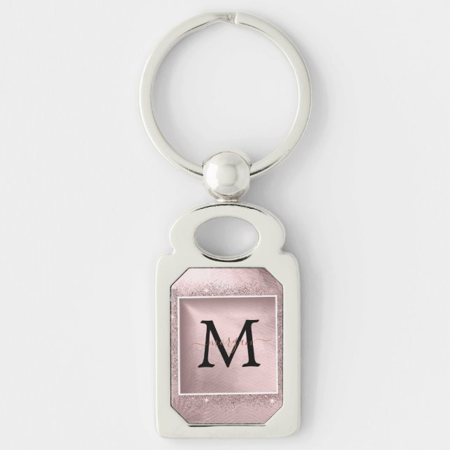 Rose Gold Glitter Script Monogram Key Ring (Front)