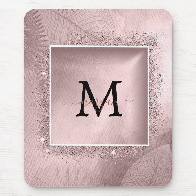 Rose Gold Glitter Script Monogram Mouse Pad (Front)