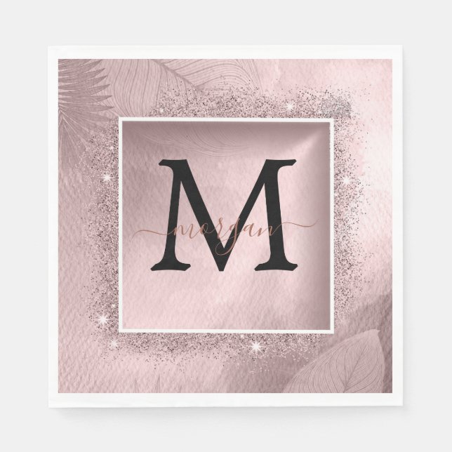 Rose Gold Glitter Script Monogram Napkin (Front)