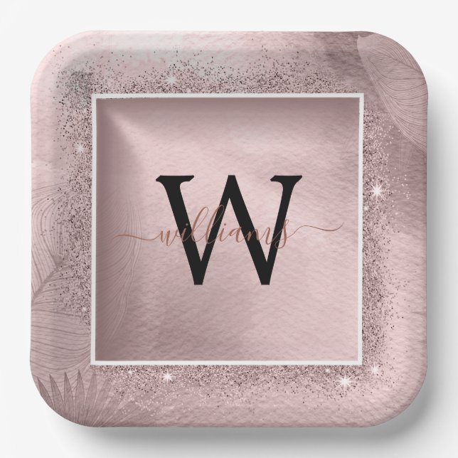 Rose Gold Glitter Script Monogram Paper Plate (Front)