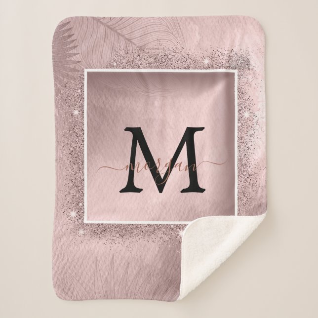 Rose Gold Glitter Script Monogram Sherpa Blanket (Front)