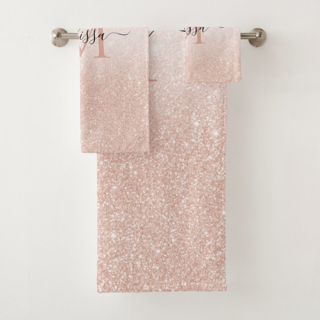 Rose Gold Glitter Script Name Monogram Bath Towel Set (Insitu)
