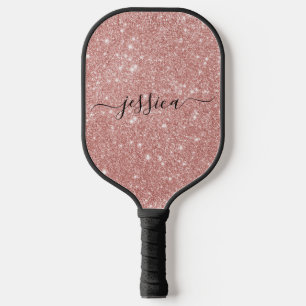 Rose gold glitter script name pickleball paddle