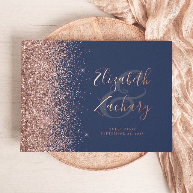 Rose Gold Glitter Script Navy Blue Guest Book (Creator Uploaded)