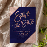 Rose gold glitter script navy blue save the date<br><div class="desc">Rose Gold typography on customisable navy blue rose gold glitter colour block,  and faux rose gold geometric stripes chic save the date wedding ,  perfect for elegant,  stylish wedding, </div>