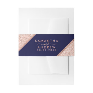 Rose gold glitter script navy blue script wedding invitation belly band
