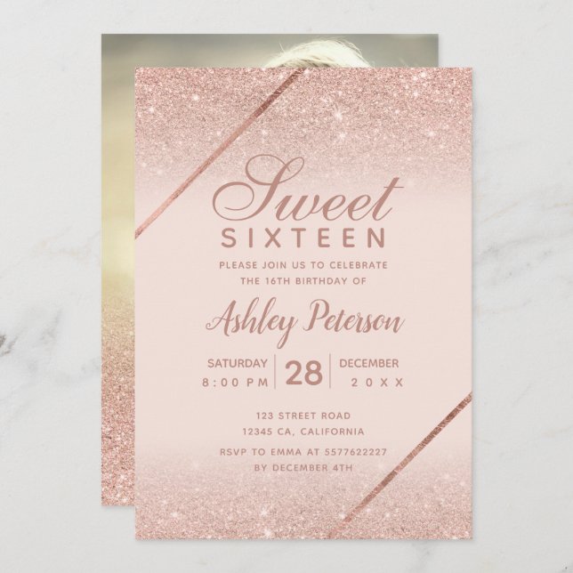 Rose gold glitter script photo blush pink Sweet 16 Invitation (Front/Back)