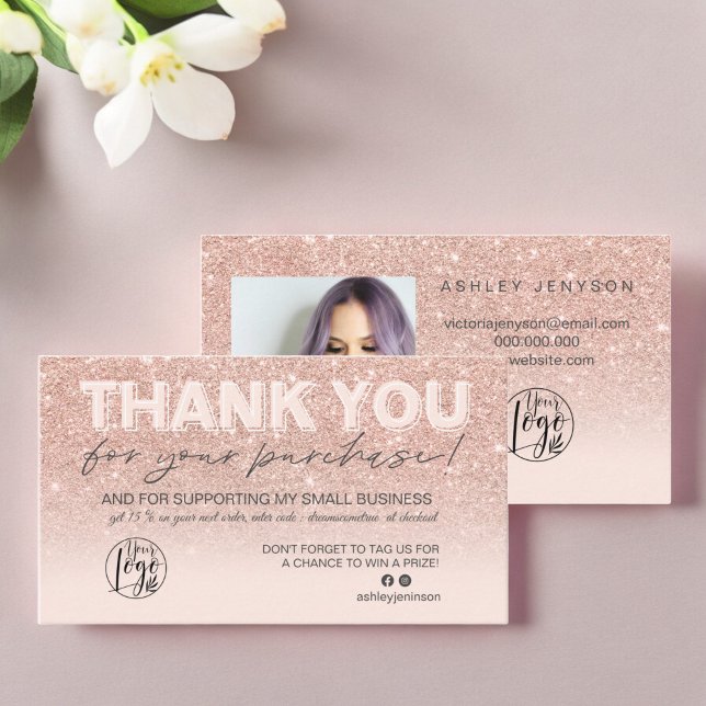 Rose gold glitter script photo logo thank you  business card (Rose gold glitter script photo logo thank you business card)