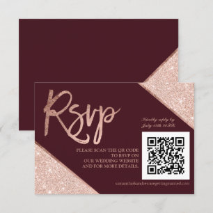 Rose gold glitter script red QR code rsvp wedding Card