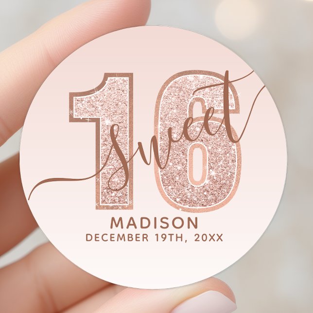 Rose Gold Glitter Script Sweet 16 Birthday Classic Round Sticker (Creator Uploaded)