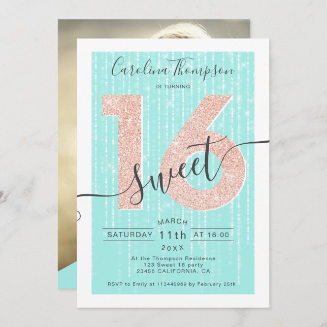 Rose gold glitter script teal light Sweet 16 photo Invitation (Front/Back)